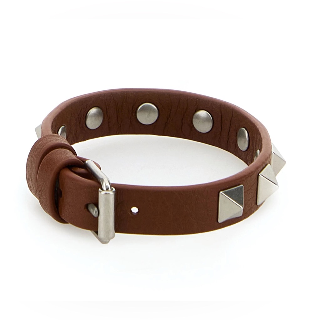 Valentino Garavani Calfskin Leather Brown Bracelet With Silver Studs OS New 310$